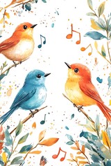 Obraz premium Charming watercolor illustration of colorful birds singing melodies amidst nature's greenery and musical notes