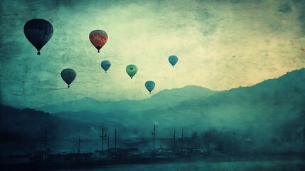 Obraz premium Balloons float over misty landscape.