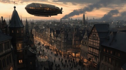 Naklejka premium Airship flying over a medieval city at sunset.