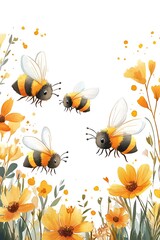 A charming illustration of bees buzzing among vibrant flowers in a bright and cheerful garden scene