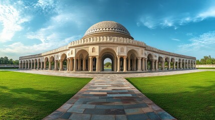 Obraz premium Photo Majestic Circular Dome of Indian Parliament Building Against Blue Sky with Lush Green Lawns in the Foreground – A Panoramic View of Architectural Elegance