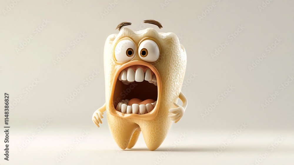 Aufkleber embarrassed 3d cartoon character of a decayed tooth with a large visible cavity making an uncomforta