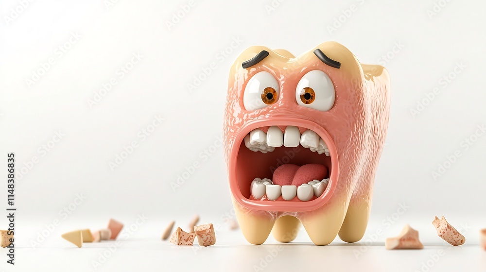 Poster embarrassed 3d cartoon animation of a decayed tooth with a large cavity making a grimacing facial ex