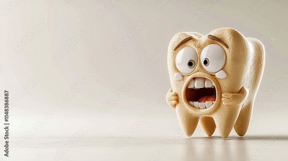 Poster a 3d cartoon animation of a decayed tooth with a large cavity making an embarrassed facial expressio