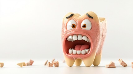 Embarrassed 3D cartoon animation of a decayed tooth with a large cavity making a grimacing facial expression isolated on a plain white background  The tooth character conveys a sense of discomfort
