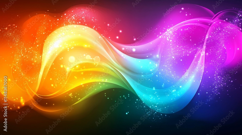 Aufkleber abstract colorful wave background with glowing particles and shiny sparkles on black background