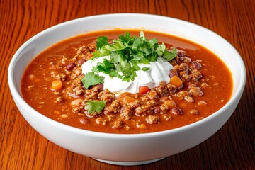 A hearty bowl of chili with beans, ground meat, and spices, garnished with sour cream and shredded cheddar cheese