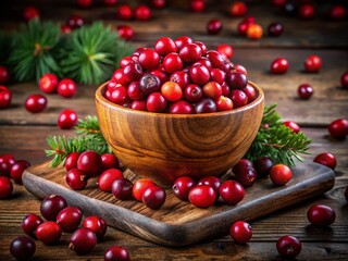 Surreal Cranberry Still Life: Red Berries in Wooden Bowl, Autumn Harvest, Fantasy Photography