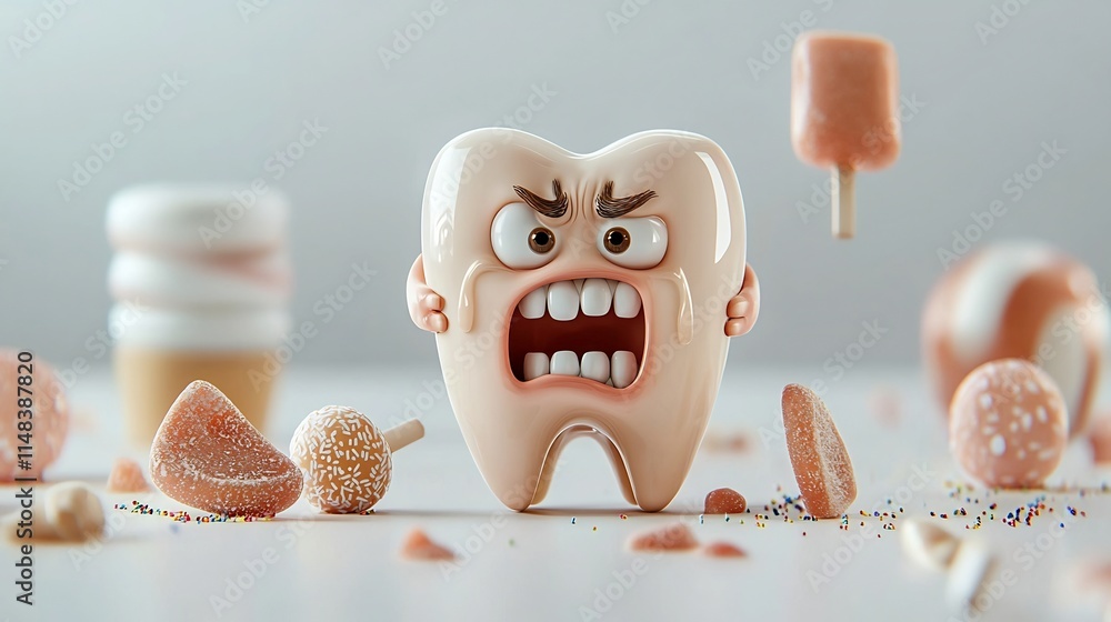Poster 3d cartoon animation depicting a sad pained tooth character reacting with a wincing expression to a 