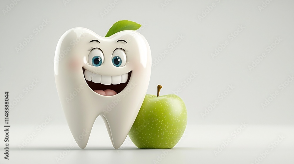 Poster cheerful 3d cartoon animation of a happy smiling tooth character enthusiastically taking a bite out 