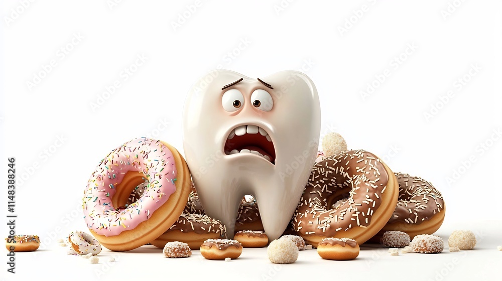 Poster a 3d cartoon animation of an unhappy tooth with a visible cavity surrounded by a tempting assortment