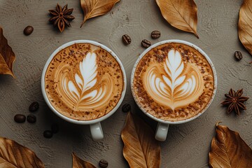 Enjoying beautifully crafted lattes surrounded by coffee beans and autumn leaves in a cozy atmosphere