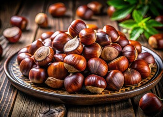 Obraz premium Close-up autumnal still life: plump chestnuts nestled on a rustic wooden plate.