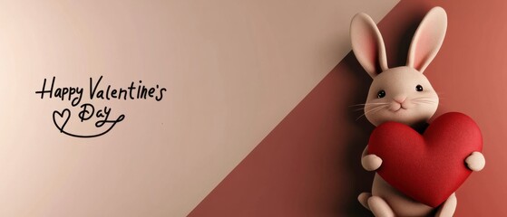 Obraz premium Adorable Bunny Holding Heart, Happy Valentines Day Greeting