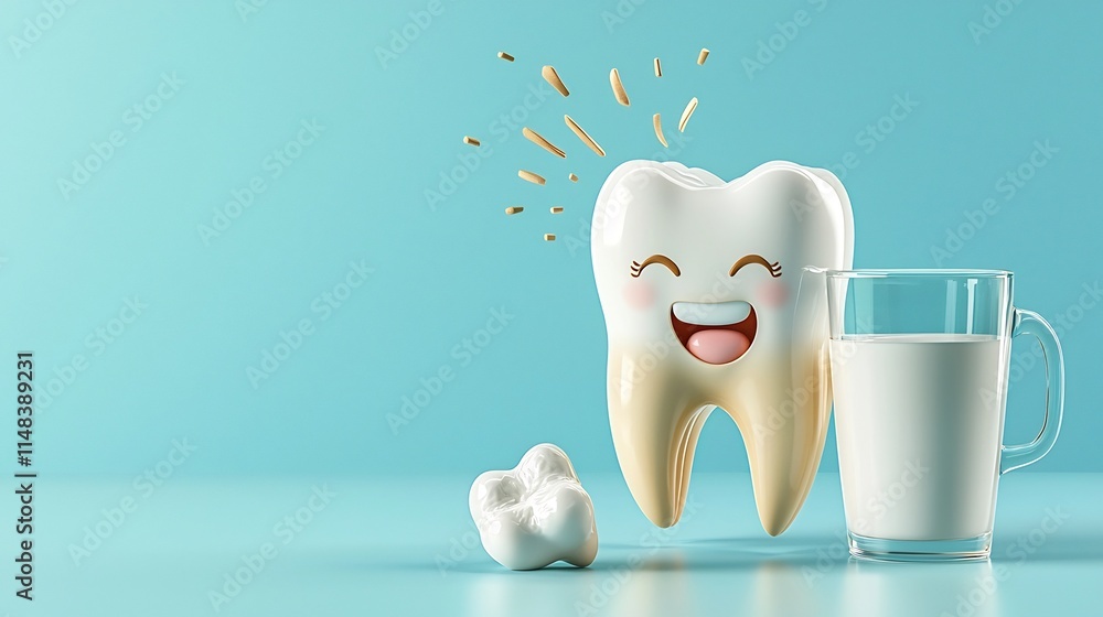 Poster cartoon 3d animation of a gleaming sparkling tooth character happily savoring and refreshing itself 