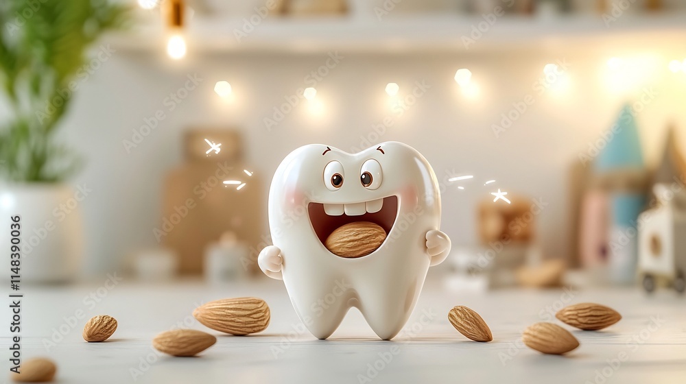 Poster cheerful 3d cartoon animation of a sparkling tooth character radiating good vibes as it enjoys a cru