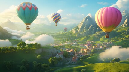 Fototapeta premium Three hot air balloons soar over a picturesque village nestled in a valley, surrounded by lush green hills and majestic mountains under a vibrant sky.