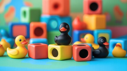 Colorful blocks and rubber ducks.