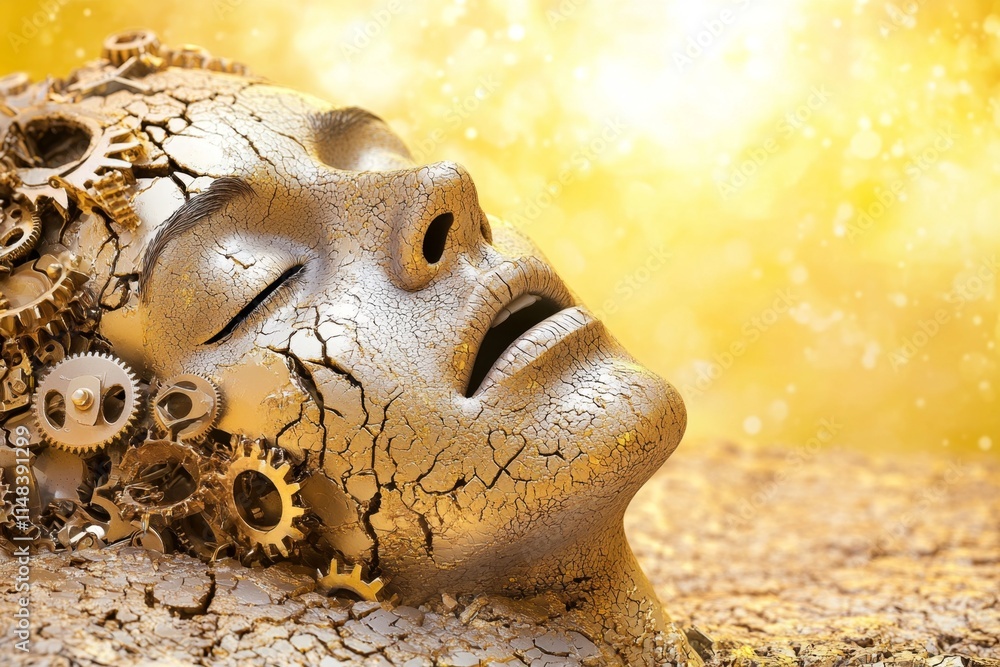 Poster a surreal scene of a person head splitting open to reveal a complex mechanism of spinning gears insi