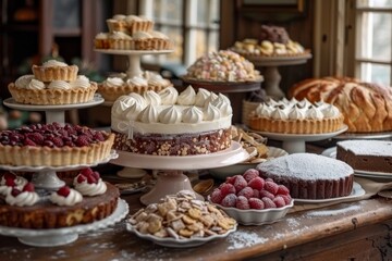 Delicious array of homemade pastries and desserts displayed on elegant stands in a cozy bakery setting during afternoon