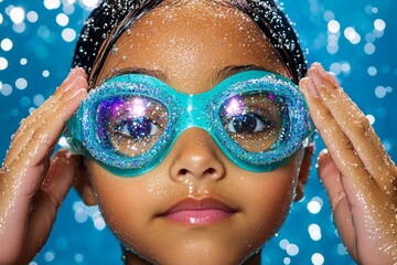 A swimmer adjusting their swimming goggles beside a sparkling pool, ready to dive in