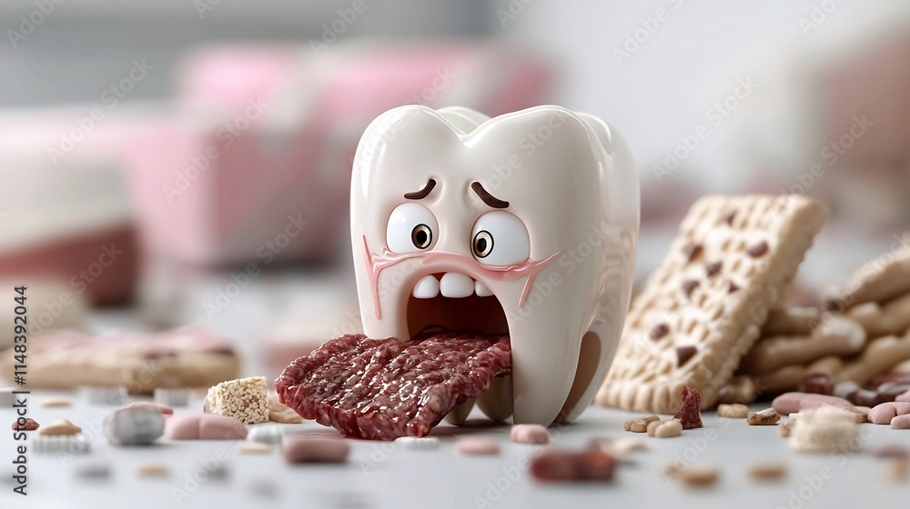 Poster cartoon animation of a 3d tooth character in distress while biting and struggling to chew a tough pi