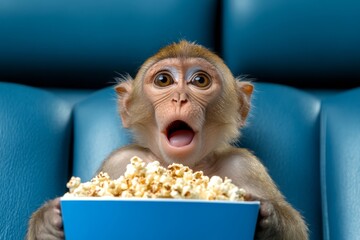A mischievous monkey stealing popcorn from an unsuspecting moviegoer