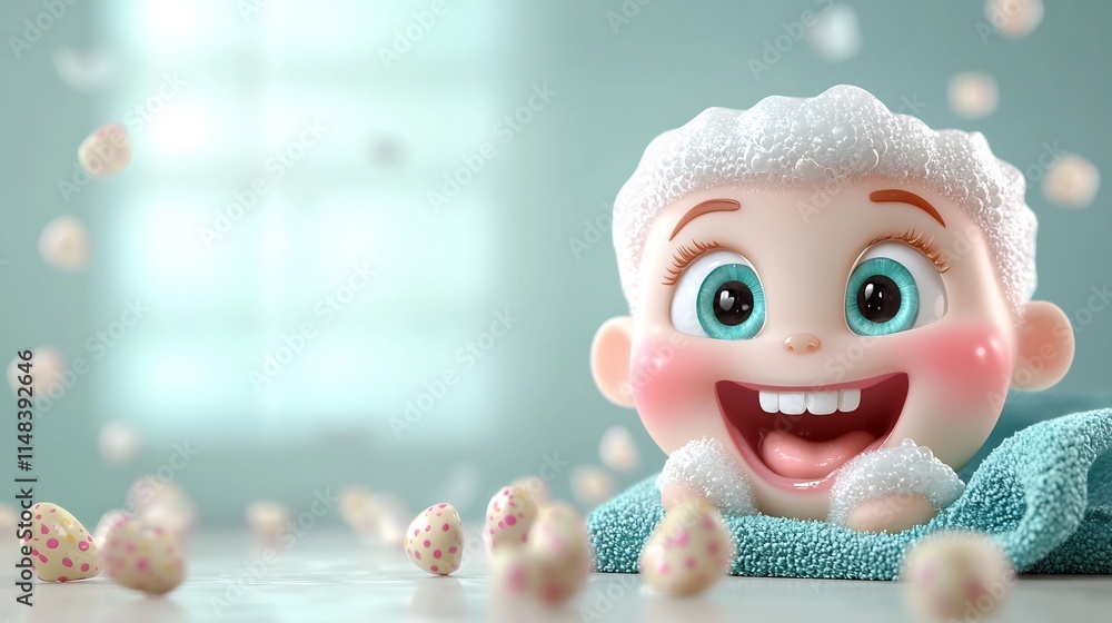 Aufkleber cheerful and sparkling 3d cartoon animation of a tooth with toothpaste foam isolated on a clean whit