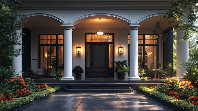 Luxurious home entrance features stunning ornate decorations and blooming colorful flowers image