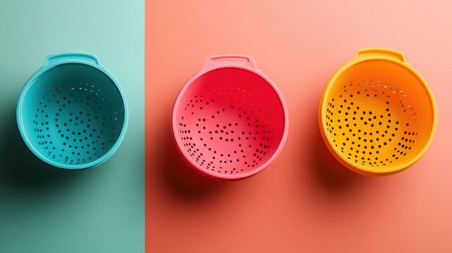 Colorful colanders on a vibrant background