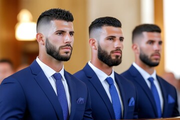 A pallbearer team carrying a coffin into a church, their expressions somber and respectful