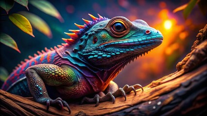 Fototapeta premium Surreal Lizard on Wood: Psychedelic Reptile, Fantasy Reptile Photography, Wooden Texture, Artistic Reptile Image