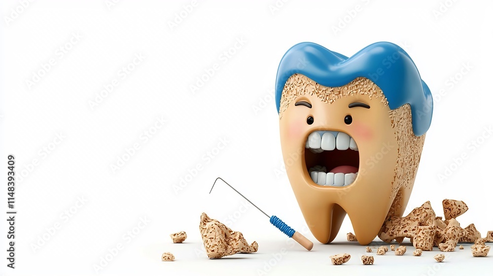 Poster 3d cartoon animation of a cracked tooth feeling uncomfortable while using a floss threader isolated 