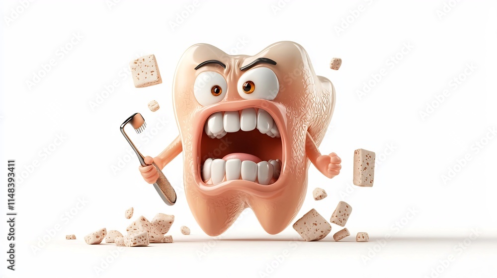 Poster nervous and wincing 3d cartoon animation of a tooth character undergoing dental cleaning procedure w
