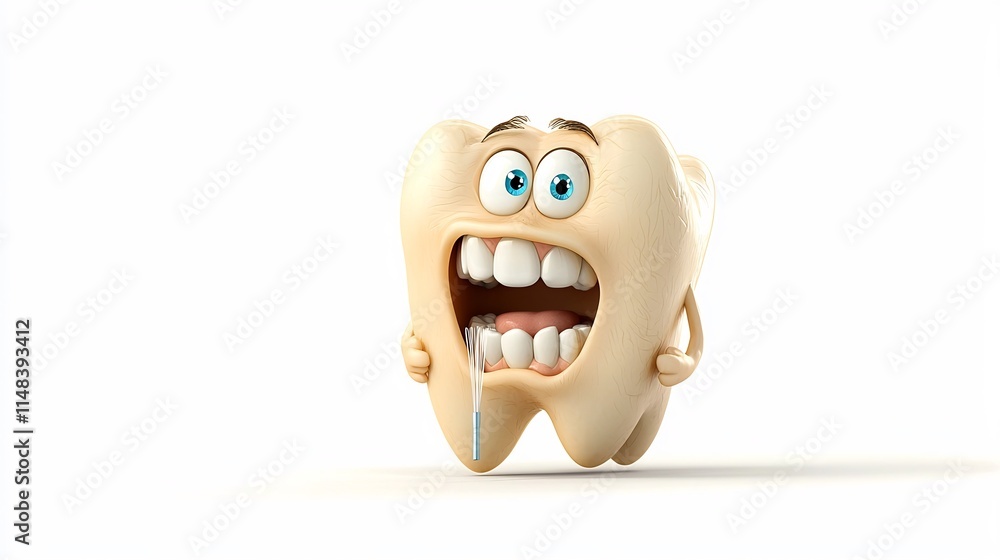 Poster cartoon 3d animation of a cracked tooth feeling uncomfortable while using a floss threader isolated 