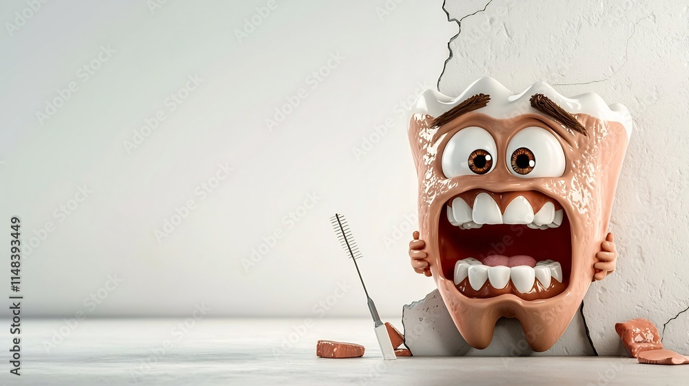 Poster a 3d cartoon animation of a cracked tooth feeling uncomfortable and in pain while using a floss thre