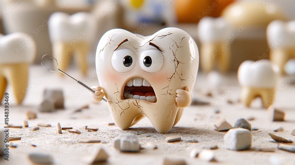 Poster a 3d cartoon animation of a cracked tooth feeling uncomfortable while using a floss threader isolate
