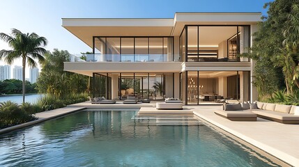 Fototapeta premium Luxurious mediterranean courtyard features a pool fountain and lush verdant greenery image