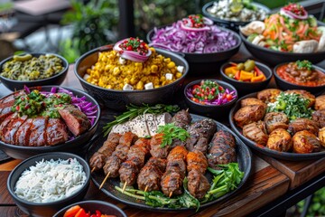 Obraz premium Plentiful spread of grilled meats, salads, and sides showcasing a vibrant dining experience in a cozy setting