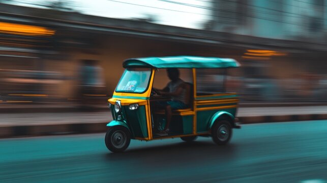 Fast-moving auto rickshaw on a city street with motion blur.