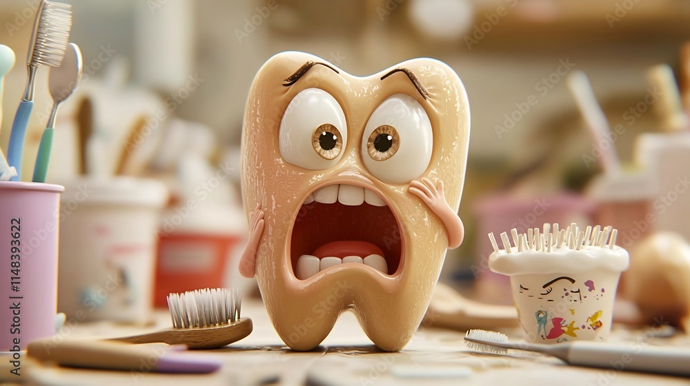 Poster sensitive cartoon 3d animated tooth character wincing in pain expression while being brushed too har