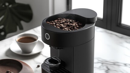 Modern Coffee Machine with Coffee Beans and Cup