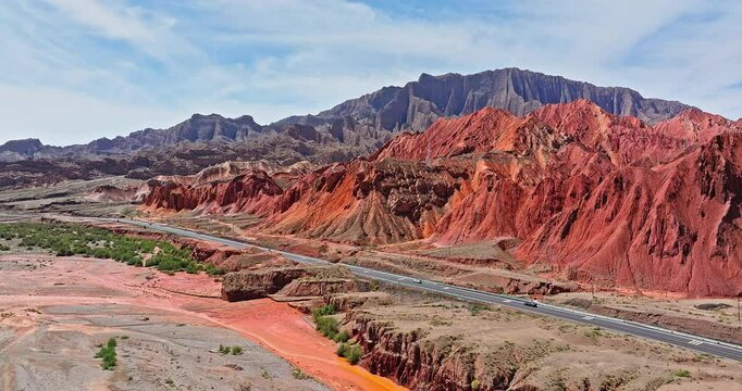 Spectacular Danxia landform mountain natural landscape in Xinjiang. Beautiful scenery along the Duku Highway in China.