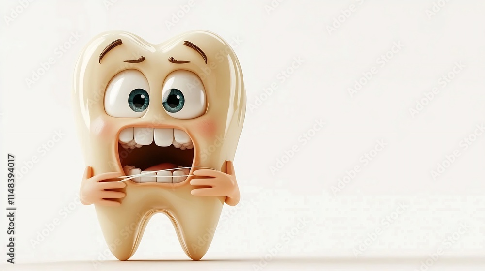 Poster 3d cartoon animation of sad tooth character struggling to floss between tight spaces isolated on whi