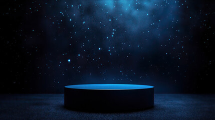 close up of empty round cylinder pedestal display or podium platform with dark blue glitter background