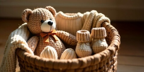 Obraz premium cozy basket featuring a knitted teddy bear and baby items in soothing mocha hues, evoking warmth and love.