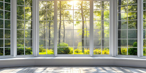 Bright, serene view through large windows showcasing a sunlit forest.
