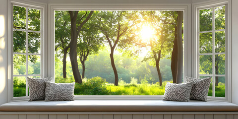 A serene window view showcasing lush trees and sunlight filtering through greenery.