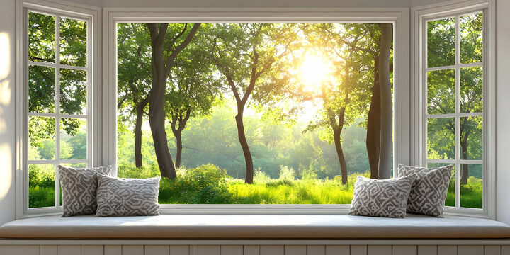 A serene window view showcasing lush trees and sunlight filtering through greenery.