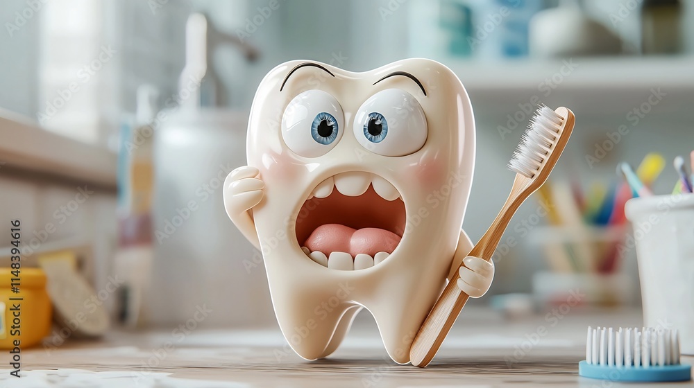 Poster a 3d cartoon animation of a sad tooth character with inflamed gums holding a soft toothbrush isolate